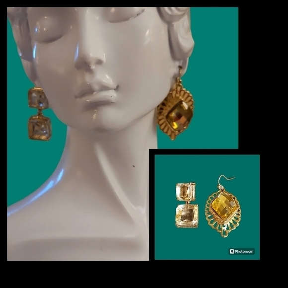 Vintage Mismatched Yellow Glass Gem Fantasy Drag Statement Earrings - Picture 1 of 4